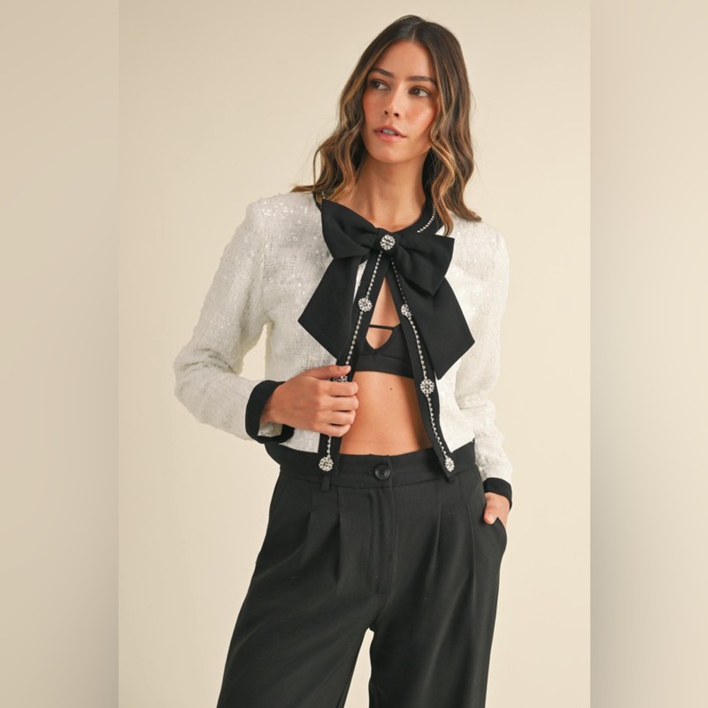 142B. Sequin Tweed Bow Trim Jacket - White